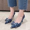 Fashion Blue Denim Crystal Bowtie Pumps Women Sexy Pointed Toe High Heels Party Shoes Woman 2024 Autumn Shallow Thin Heeled Pumps Female