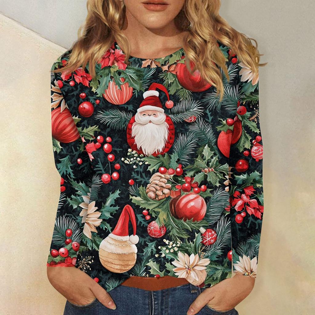 Женская мода повседневный рождественский принт круглый вырез длинный рукав пуловер топ