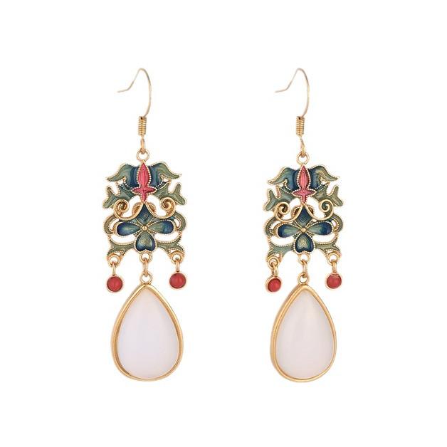 Ретро Национальный Тренд Перегородчатая Эмаль Серьги с Южным Красным Агатом и Белым Жадеитом для Костюмов Ханфу