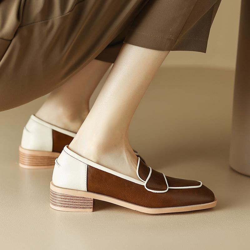 VANGULL Brand Women Spring Pumps Natural Leather 22-25cm Cowhide+sheepskin Square Toe Loafers Mixed Colors Thick Heels Womens Shoes