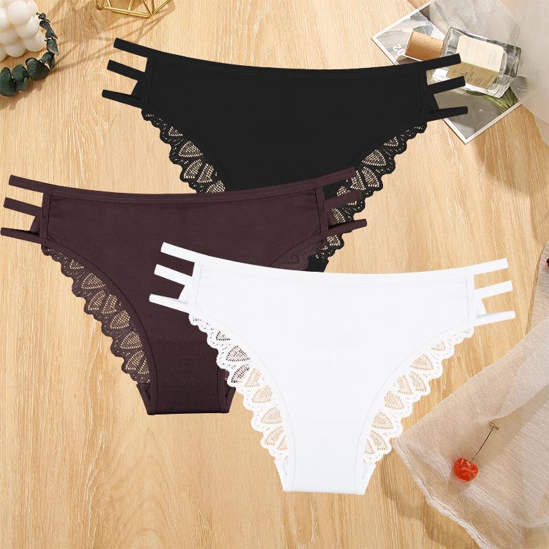 3Pcs Sexy Lady Style Transparent Lace Underwear Women's Straps Panties Seamless Perspective Briefs Low Waisted Triangle Pants