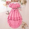 Модный комплект для девочек, летний детский комплект из топа с одной линией плеча и короткими рукавами, юбки с оборками