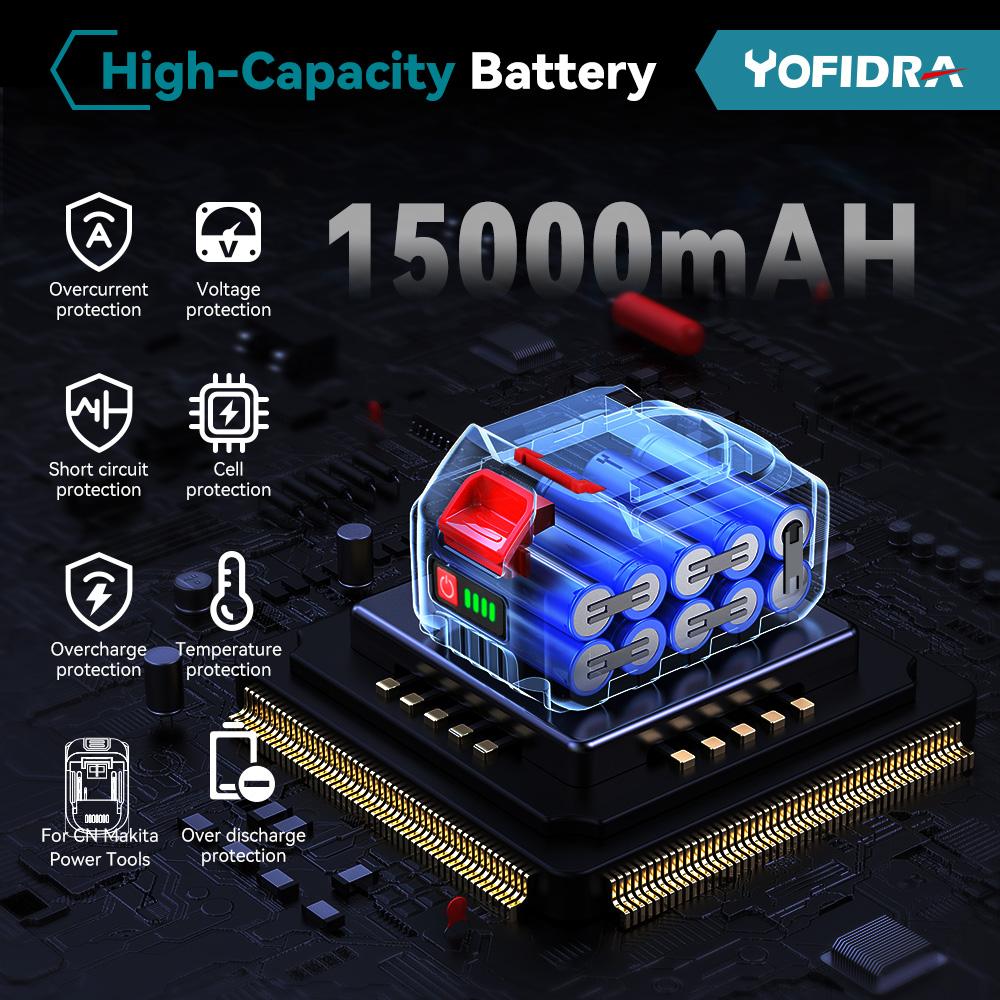 Yofidra 21V 15000mAh Rechargeable Lithium Ion Battery For Makita Cordless Drill/Brushless Wrench/Screwdriver/Circular Saw EU Plug