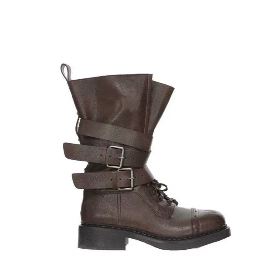 Мода Новый Стиль Кожаная Пряжка Ремня Рыцарские Сапоги Женские Модные Массивный Каблук Платформа Все Подходит Ботильоны Женская Повседневная Обувь