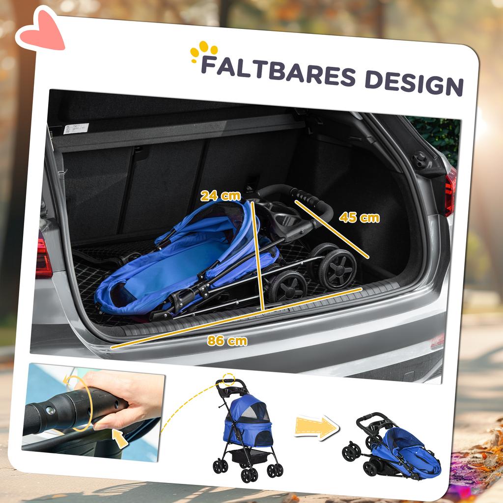 Dog Pram Dog Stroller Foldable Pet Pushchair with 4 Wheels, Safety Leashes, Cup Holder for Small Dogs, Blue