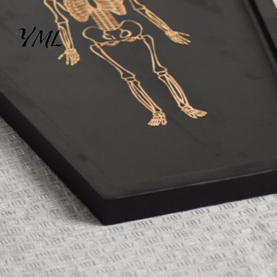 Unique Shape Dessert Plate Halloween Gothic Serving Tray with Engraved Skeleton, Wooden Charcuterie Board, Casket Skull Print Jewelry Display Storage