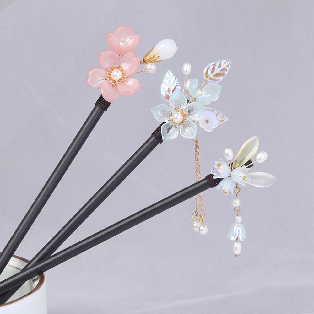 Tassel Flower Hair Stick Wood Hanfu Hair Stick Headpieces Pearl Hair Stick Party