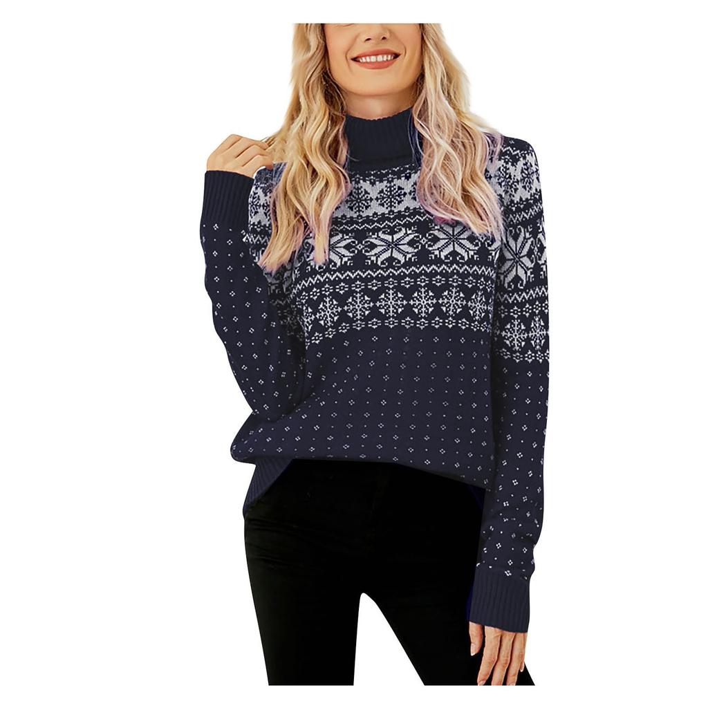 Women's Fashion Snowflake Knitted Christmas Pullover Turtleneck Sweater