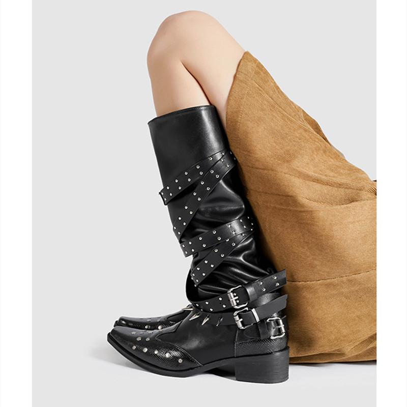 Мода Винтаж Кожа Клепки Шипы Пряжка для ремня Женские Мотоциклетные Сапоги Мода Осень Зима Высокий каблук Панк Ковбой Рыцарь Сапоги Обувь
