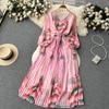 French Chic Dress for Women V-neck Plant Printed Lantern Sleeve Pleated Long Dresses Autumn Dress Female A-line