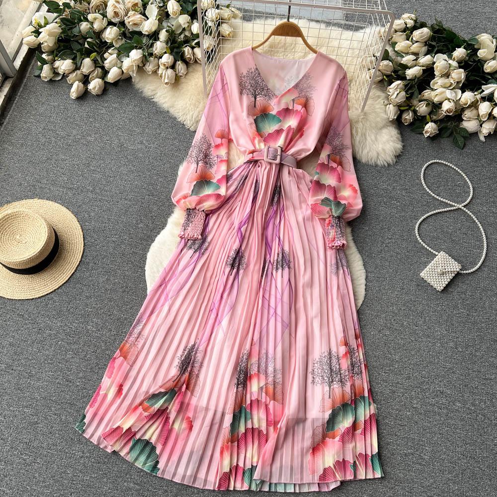 French Chic Dress for Women V-neck Plant Printed Lantern Sleeve Pleated Long Dresses Autumn Dress Female A-line