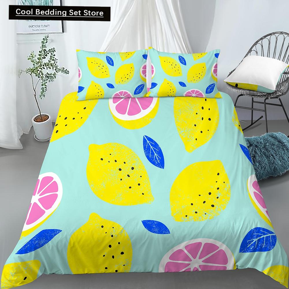 Постельный комплект с принтом лимонов Желто-зеленый Фруктовая тематика Розовый Пододеяльник Размер Кинг/Евро Милый Мультяшный 2/3 шт. Полиэстеровый Чехол для одеяла