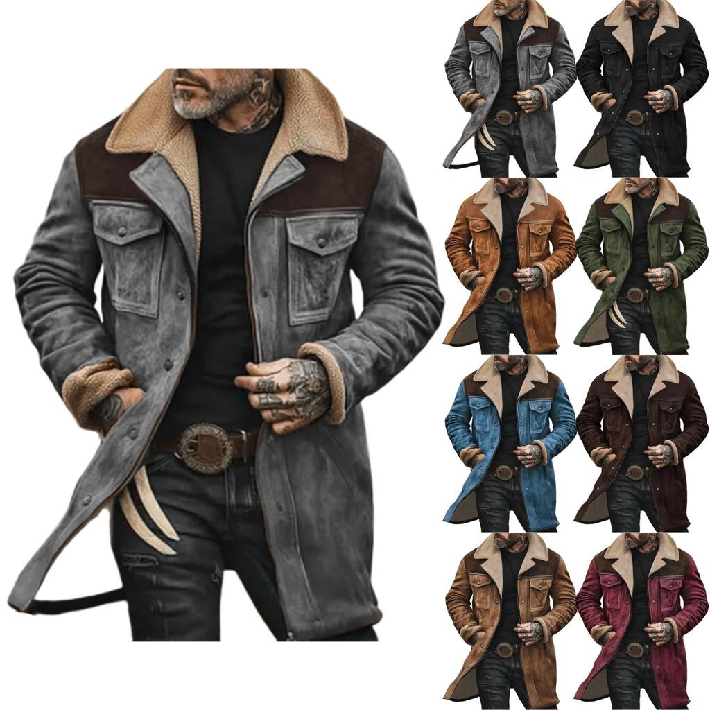 Men's Suede Color-matching Winter Jacket Multi-pocket Zipper Coat