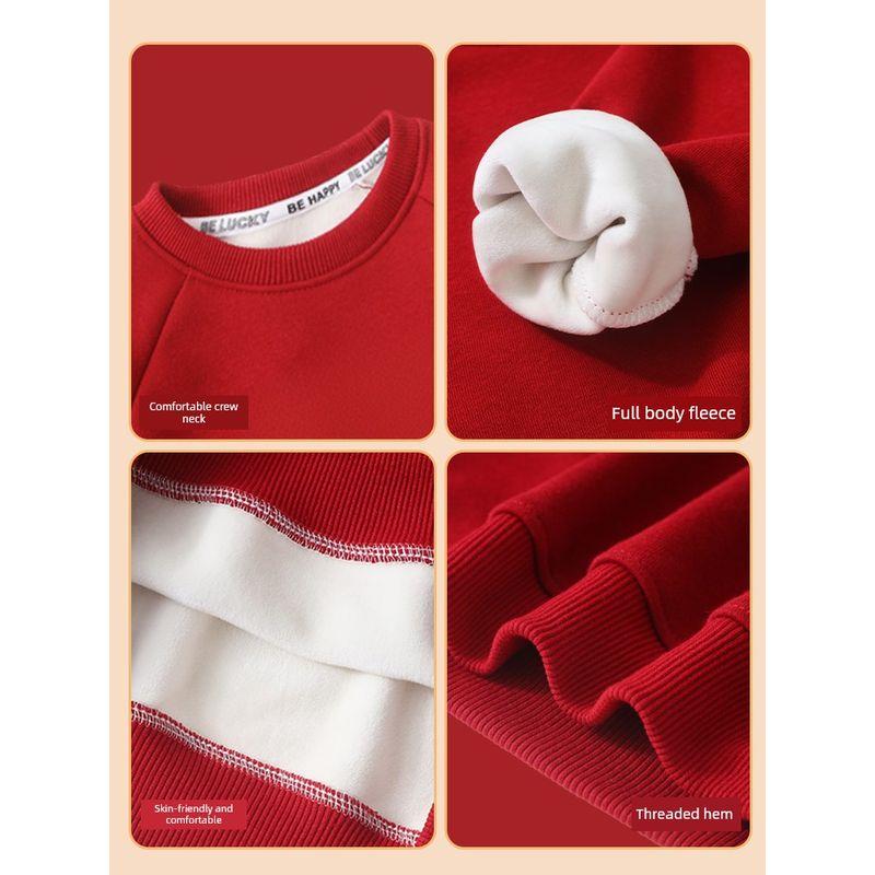 Baby Sweatshirt with Fleece Lining, Warm Top for Boys and Girls, Red, New Thickened Fleece-Lined Children's Base Layer for Autumn and Winter