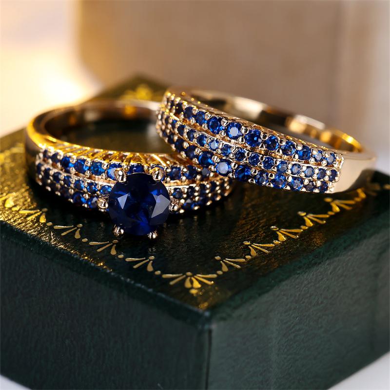 2 шт./комплект, золотистый цвет, круглый ограненный синий камень, кольцо-коготь, обручальное кольцо, ювелирные изделия на День святого Валентина