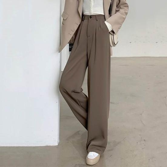 Женские однотонные костюмные брюки, эластичные прямые широкие брюки с высокой талией, свободные офисные брюки с наклонными карманами