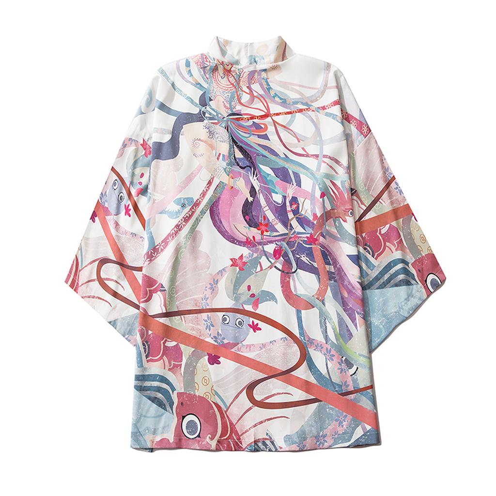 Men's Casual Loose Open Front 3/4 Sleeve Japanese Style Print Cover Up Cardigan