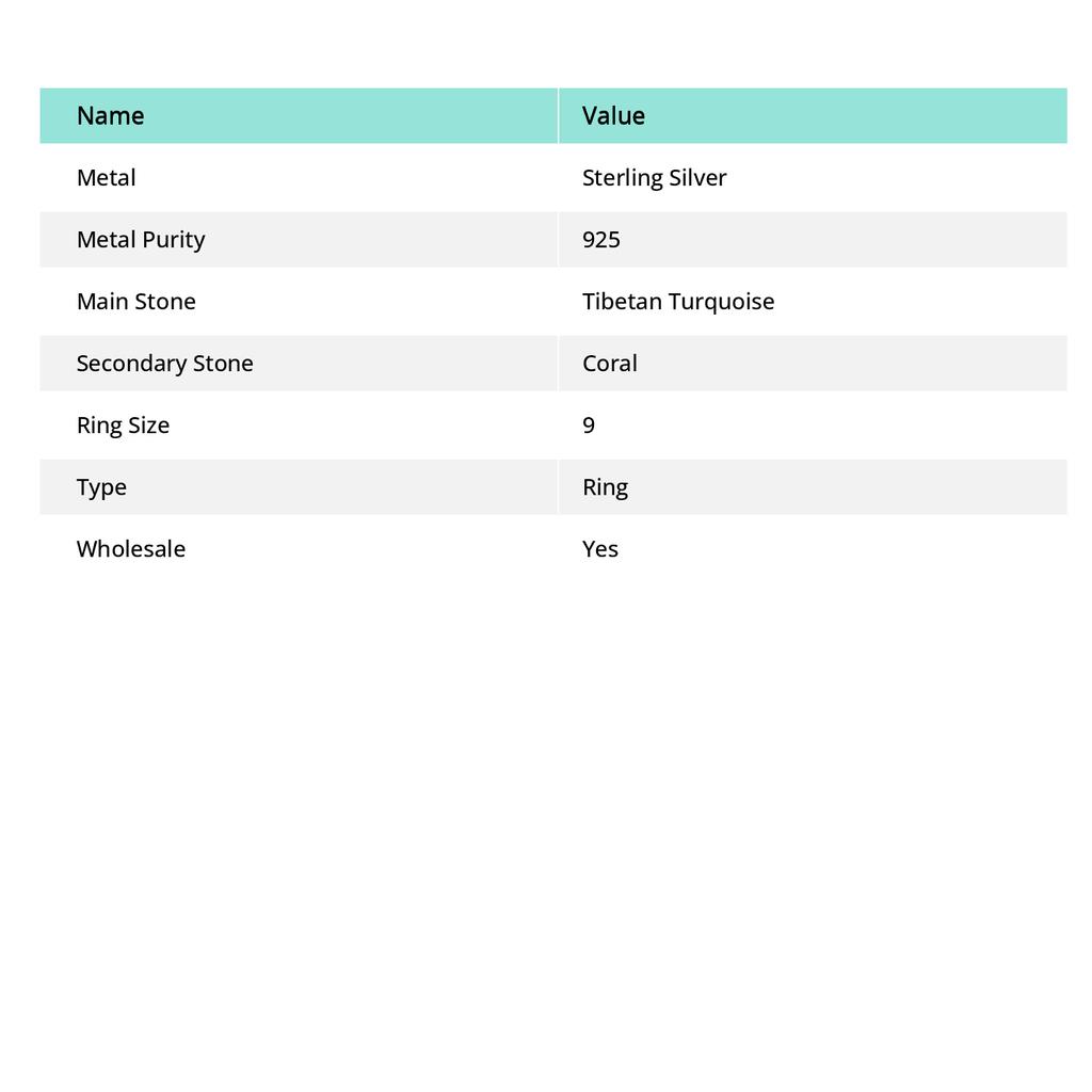 Кольцо из натурального тибетского бирюзового, кораллового серебра 925 пробы, размер 9 B6c07