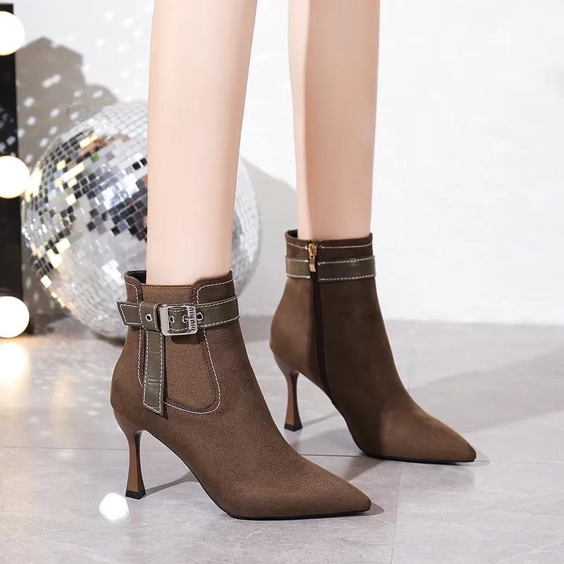 Fashion Women High Heels Fashion Boots Pointed Tip Side Zip Ankle Boots Stiletto Heels Design Shoes Woman 2024 Trend Spring and Autumn