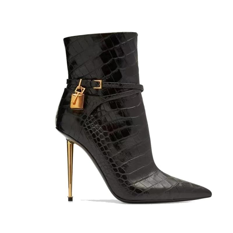 Fashion Women Sexy Metal Lock Decorate Ankle Boots Autumn Winter New Gold High Heel Pointed Belt Buckle Fashion Long Boots Size 34-43