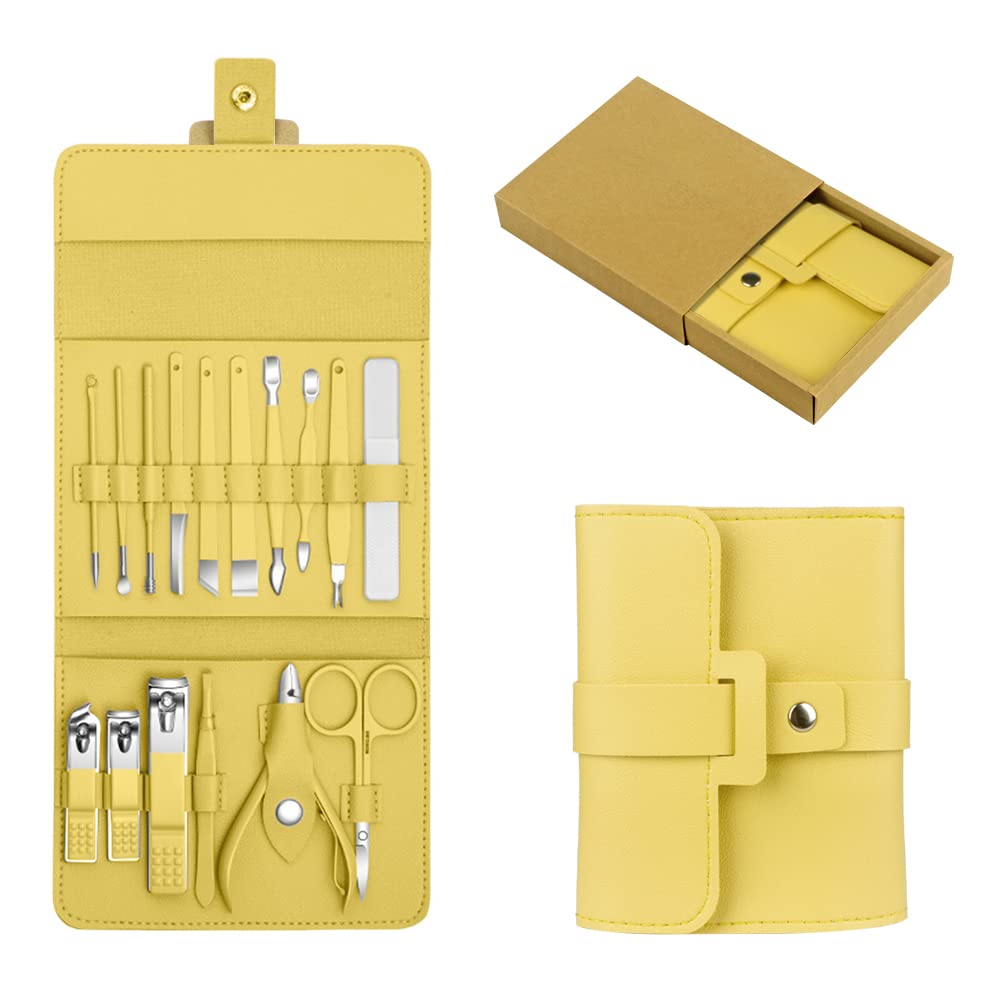 Professional Manicure Pedicure Set 16 Pcs Stainless Steel Cuticle Pusher Glass Nail File Scissors Clippers Trimmer with Elegant Storage Case Yellow