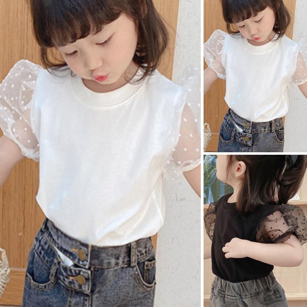 Mesh Patchwork Girls Polka Dot Puff Short Sleeve Tees Summer Kids Party School Tops