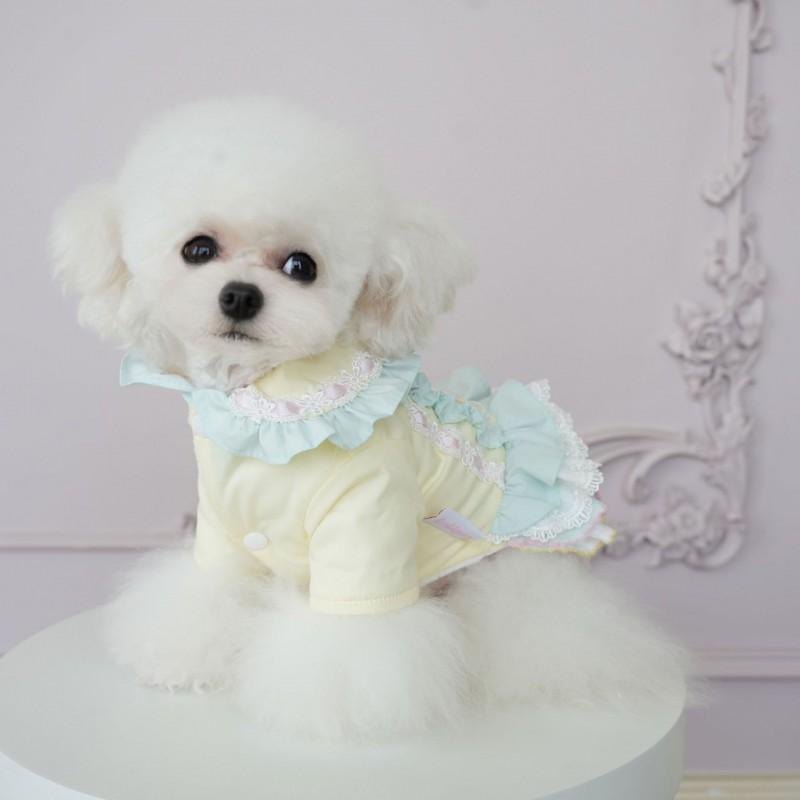 Winter Dog Sweater Small Breeds Pink Green Yellow Cotton Blend Hooded Two-Legged Dress With Bowknot