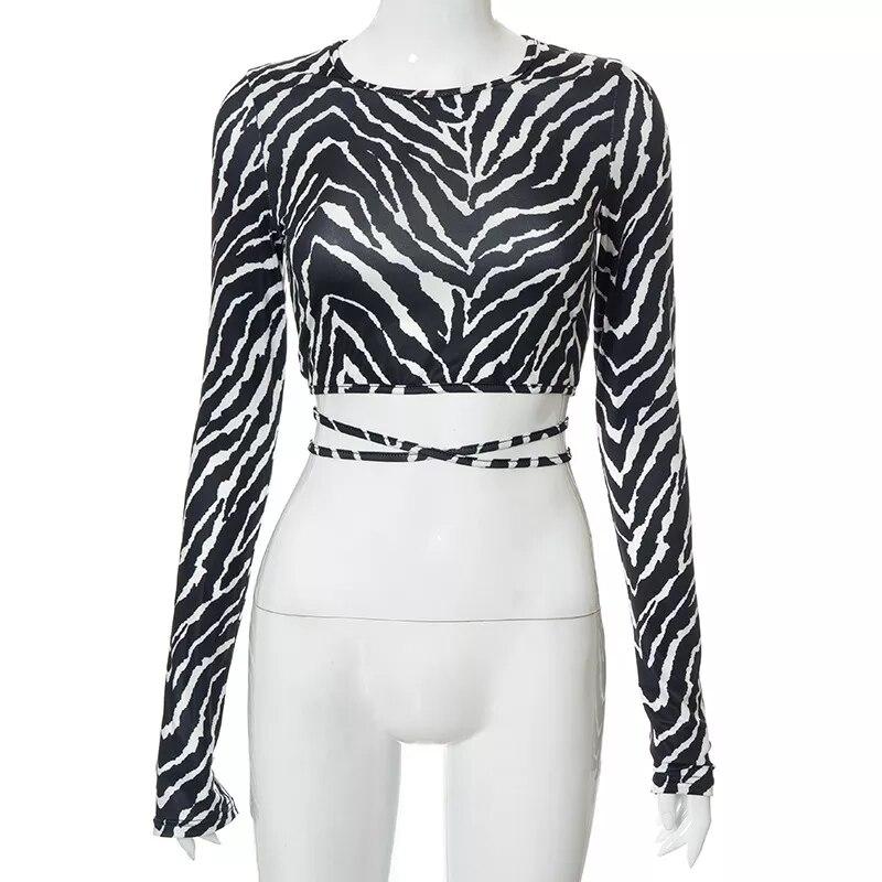 Сексуальная футболка с открытой спиной и принтом зебры Y2K, модный осенний укороченный топ с круглым вырезом и длинными рукавами, уличная одежда, тонкие бандажные футболки