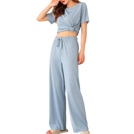 Женская одежда для дома, модный эластичный пояс, быстросохнущая женская одежда для дома, однотонный тонкий топ, брюки, одежда для сна, комплект одежды для сна