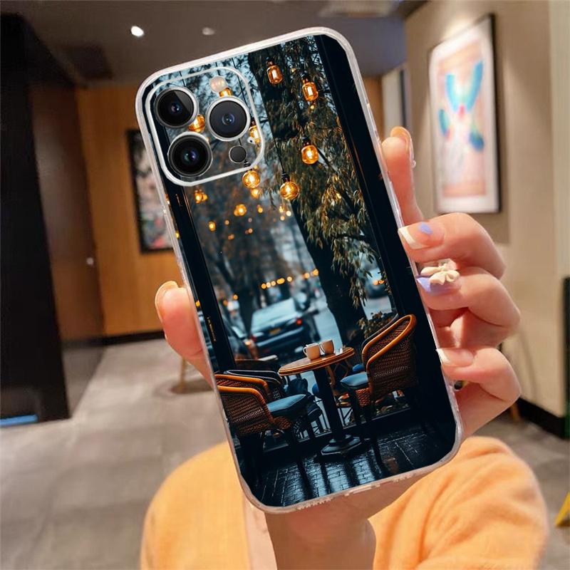 Чехол для телефона Carcasa Funda Для iPhone 17 Pro Max Air 16 15 14 13 Pro Max 15 16 Pro 15Plus Кофейня Ночь Эстетичный Чехол