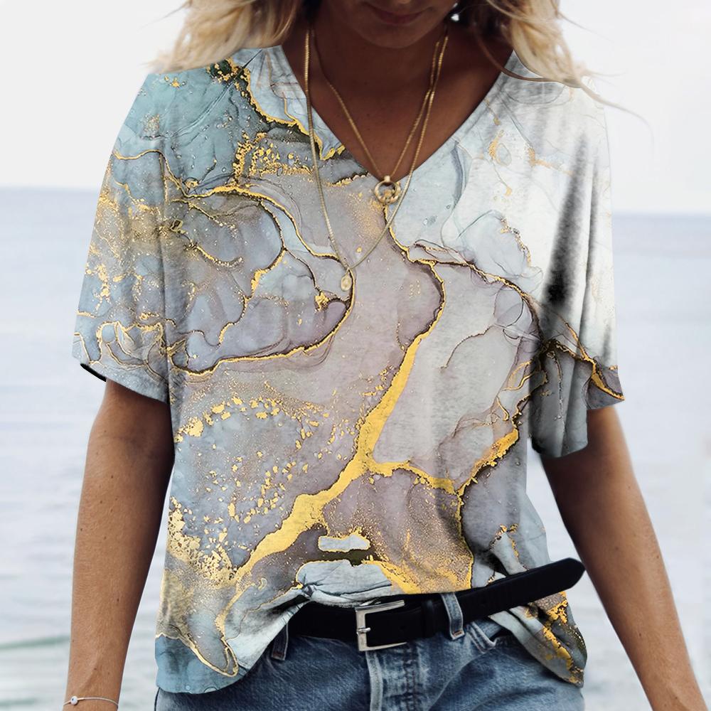 Летние женские футболки с 3D-принтом, градиентная футболка Harajuku, свободные футболки для женской одежды, новые топы с коротким рукавом и V-образным вырезом