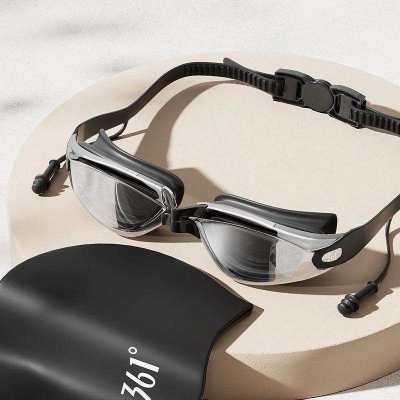 Интегрированные беруши Очки для плавания Широкоугольные цветные взрослые Незапотевающие линзы с покрытием от УФ-излучения Шапочка для плавания Очки для бассейна