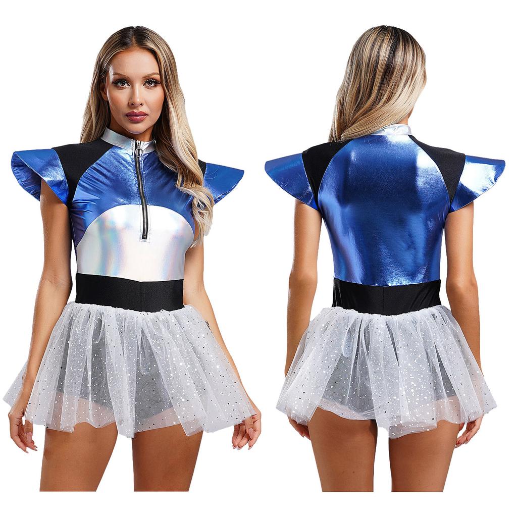 Womens Space Cadet Jumpsuit Flared Sleeve Front Zip Closure Sequined Tulle Skirt Attached Boyshorts Astronaut Cosplay Bodysuit