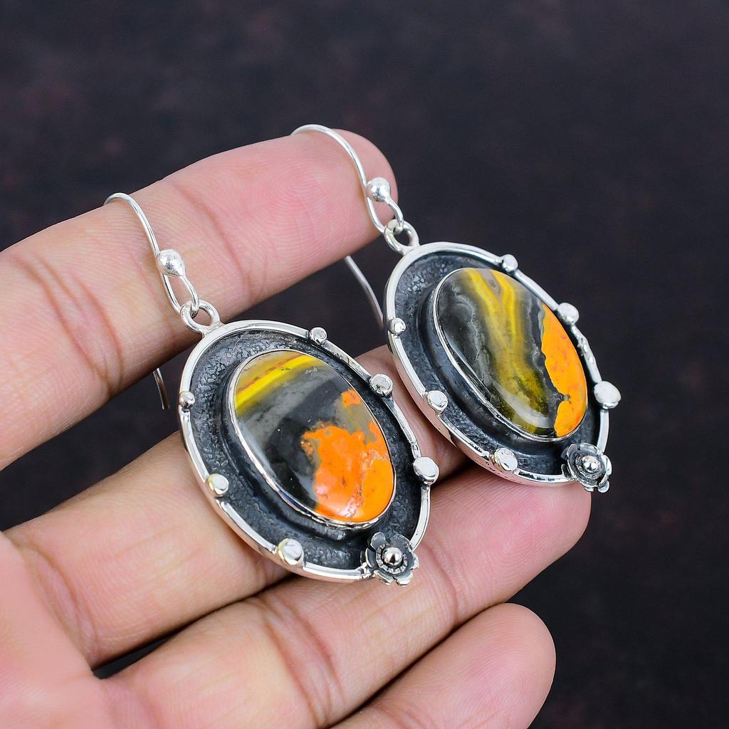 Серьги из яшмы шмеля, натуральные драгоценные камни, антикварные ювелирные изделия, серьги из стерлингового серебра 925 пробы, серьги ручной работы, подарок для нее, серебряные ювелирные изделия