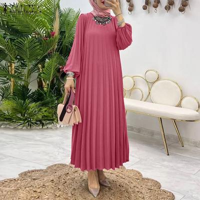 Женское повседневное платье с круглым вырезом и длинным рукавом, свободное, плиссированное
