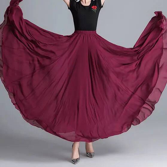 Dance Skirt Women Double Have Liner Chiffon Skirts Elastic Waist Ruffled Maxi Skirts Elegant Female Big-hem Skirts 720 Degrees