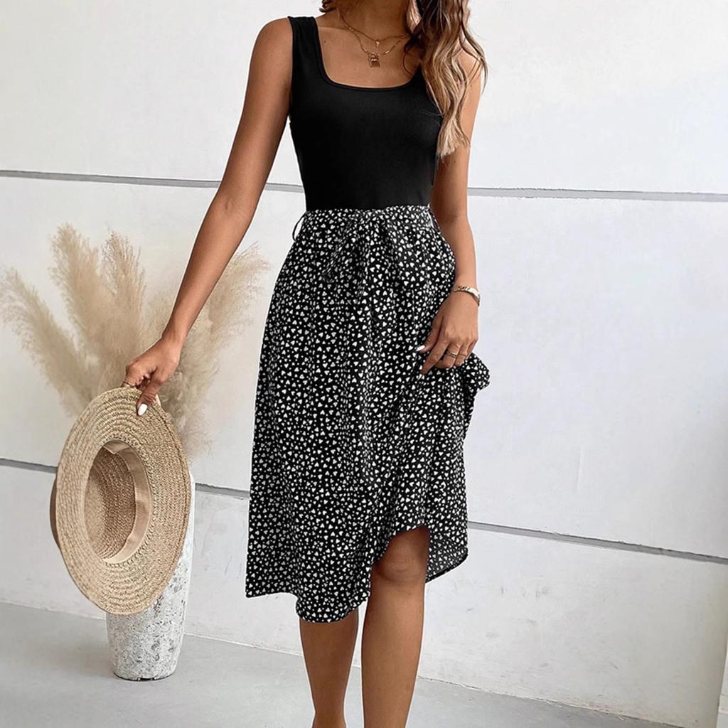 Women Summer Casual Sleeveless Dot Printed Holiday Beach One Piece Dress