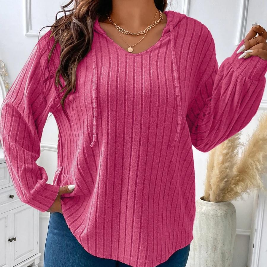 GMXIA Women's Fashion Casual Hooded Pit Stripe Fur T-shirt Solid Color Print Autumn Winter Long Sleeve V-Neck Loose Sweaters