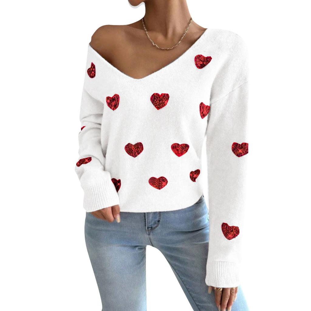 Women V Neck Long Sleeve Sequin Heart Print Knit Sweater Loose Fit Valentine Pullover Top