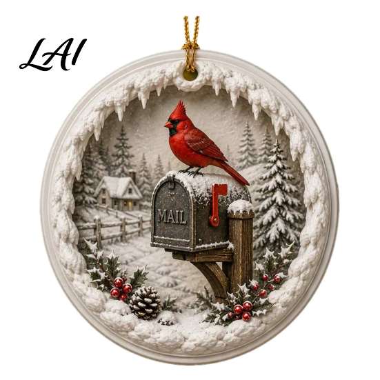 Snow Scene Xmas Decorations Acrylic Christmas Red Bird Ornament Pattern Tree Ornament Hanging Decor Retro Round Pendant for Winter Holiday