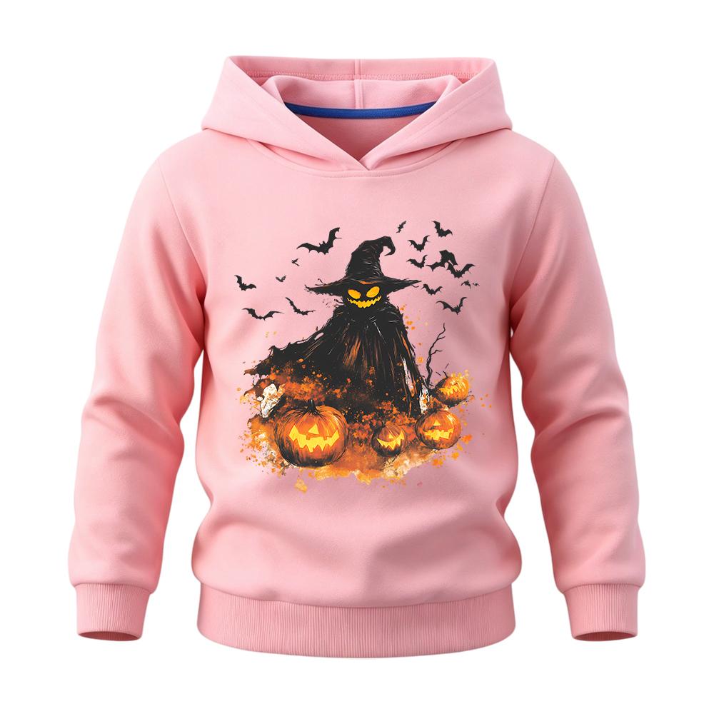 Kids hooded sweatshirt with scary pumpkin scarecrow witch print, soft fabric, loose fit, great for Halloween parties and daily holiday outfits.
