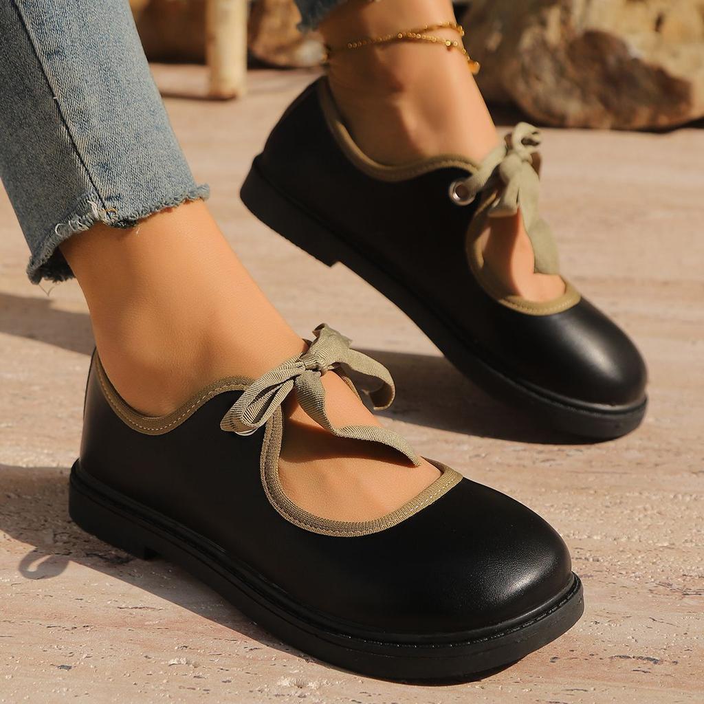 Cute Bow Round Head Flat Bottom Mary Jane Single Shoes 2025 Spring and Summer New French Retro Versatile Small Leather Shoes Women
