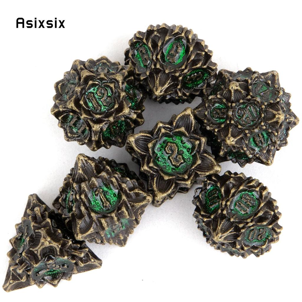 7 Pcs Copper Green Lotus Flower Metal Dice Solid Metal Polyhedral Dice Set Suitable for Role-Playing RPG Board Game Card Game