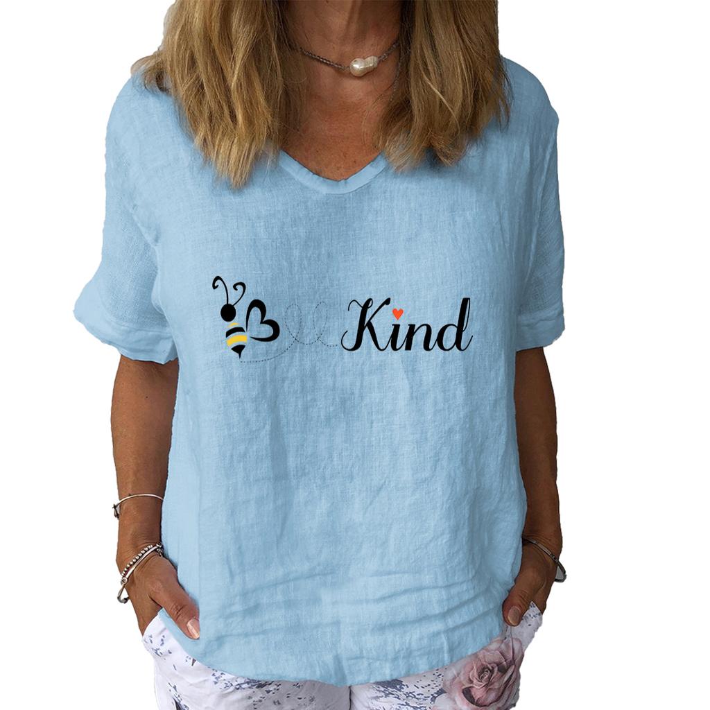 Women Fashion Cotton Linen T-shirt Casual V-neck Short Sleeve Top Ladies Print Tee Shirt