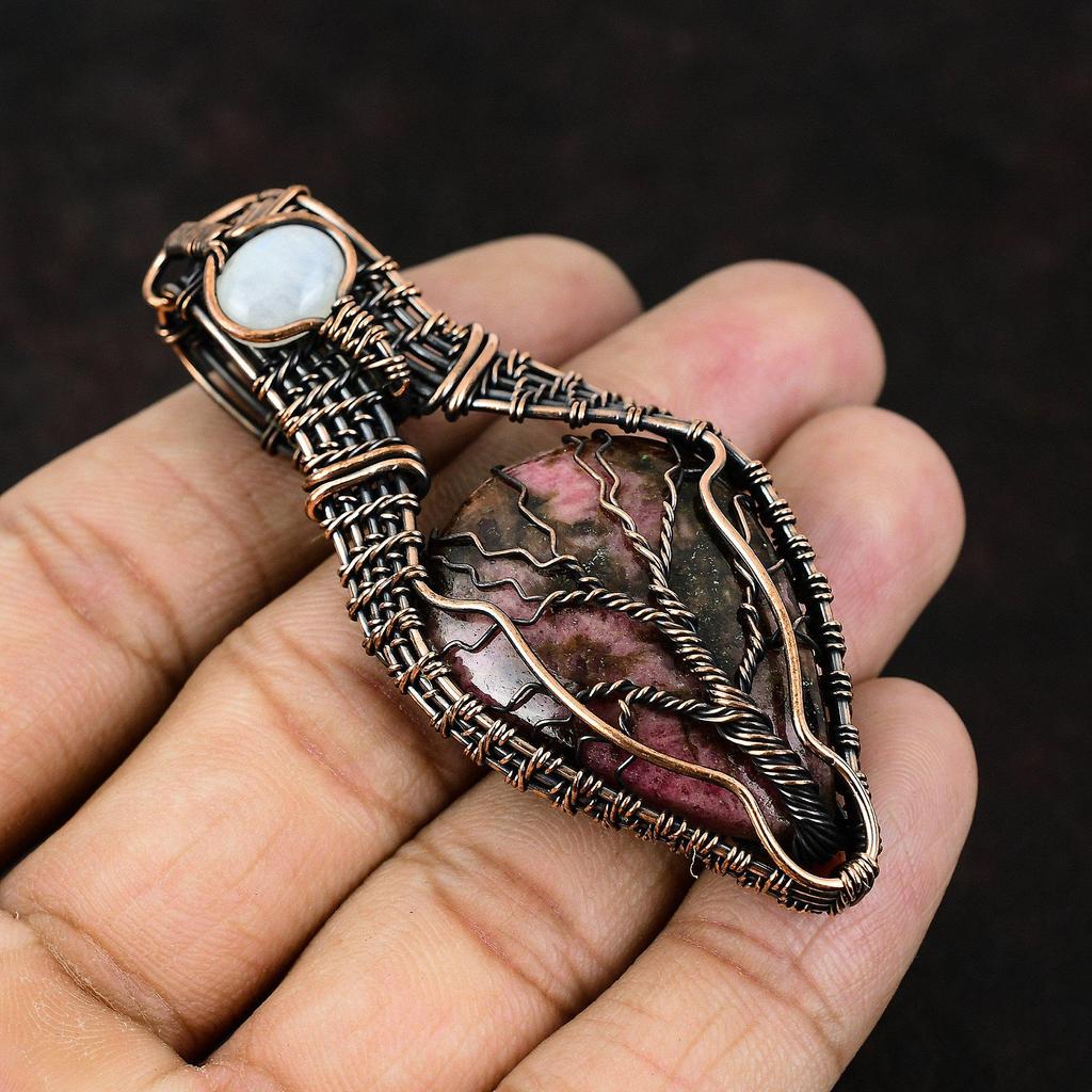 Древо Жизни Подвеска с Драгоценным Камнем Родонит Медная Проволока Обернутая Подвеска Радуга Ювелирные Изделия Лунного Камня Ручной Работы Женские Ювелирные Изделия Родонит Подарок Для Нее