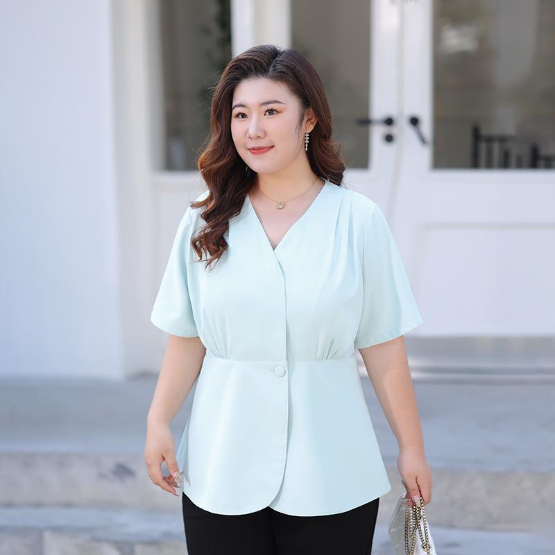 Plus-size Women's Summer V-neck Short-sleeved Shirt Slimming Concealing The Belly Cinching The Waist Stylish and Thin Top