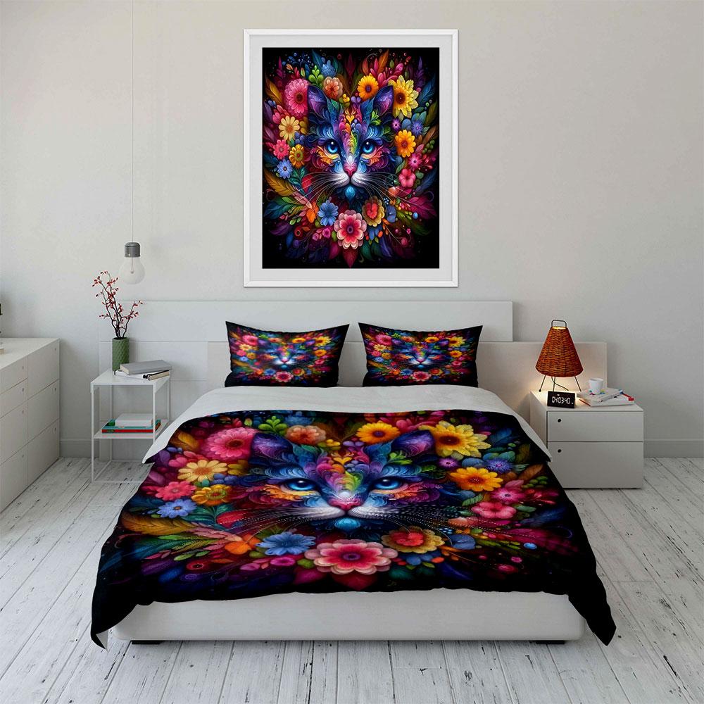 3Pcs Rainbow Flower Cat Bedding Set, Colorful Cat with Floral Details Print Duvet Cover, Artistic Style
