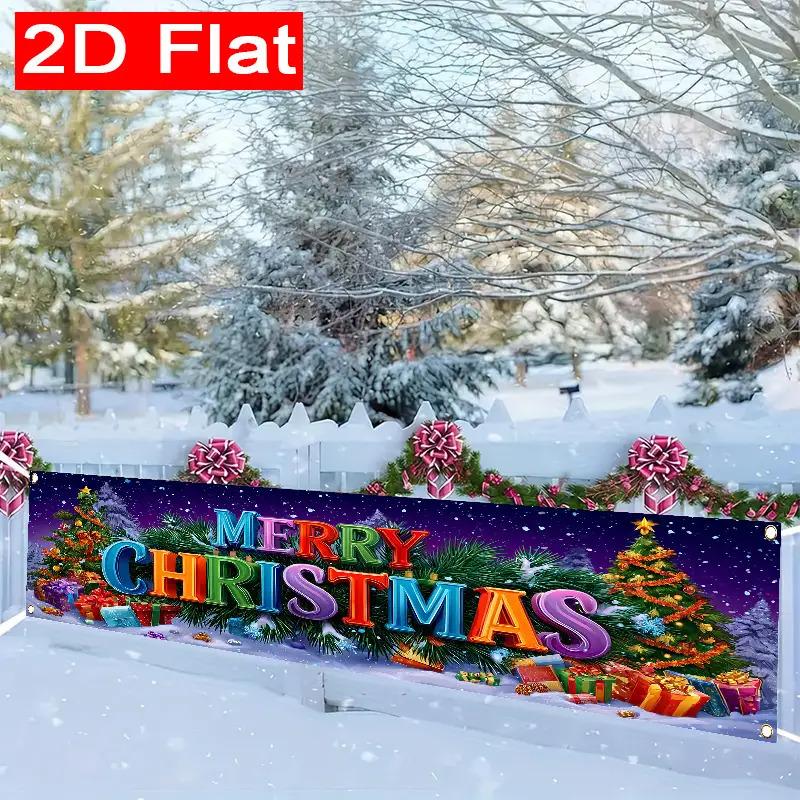 Merry Christmas Tree Banner, Vibrant Multicolor Snowy Tree & Ornaments Design, Durable Polyester Outdoor Fence Wall Winter Decoration