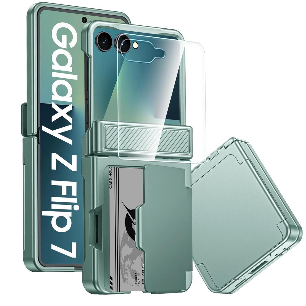 Для Samsung Galaxy Z Flip 7 с держателем для карт [RFID-блокировка] и защитой шарнира и HD-защитой экрана, Прочный противоударный чехол для телефона - Мятно-зеленый