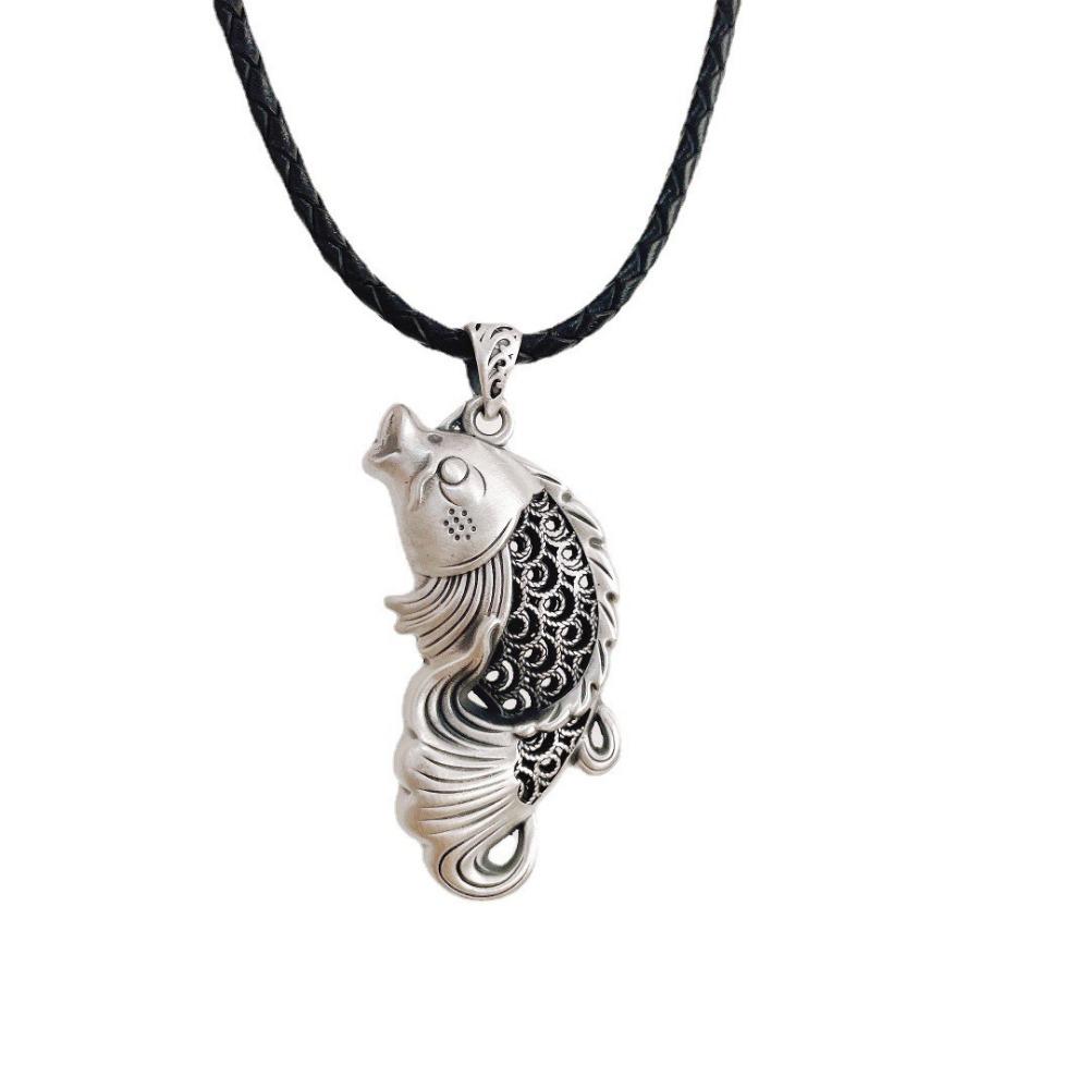 JMXD-Ретро этнический стиль женский свитер цепочка кулон из стерлингового серебра, филигранная полая рыба классическая гладкая поверхность старый кулон